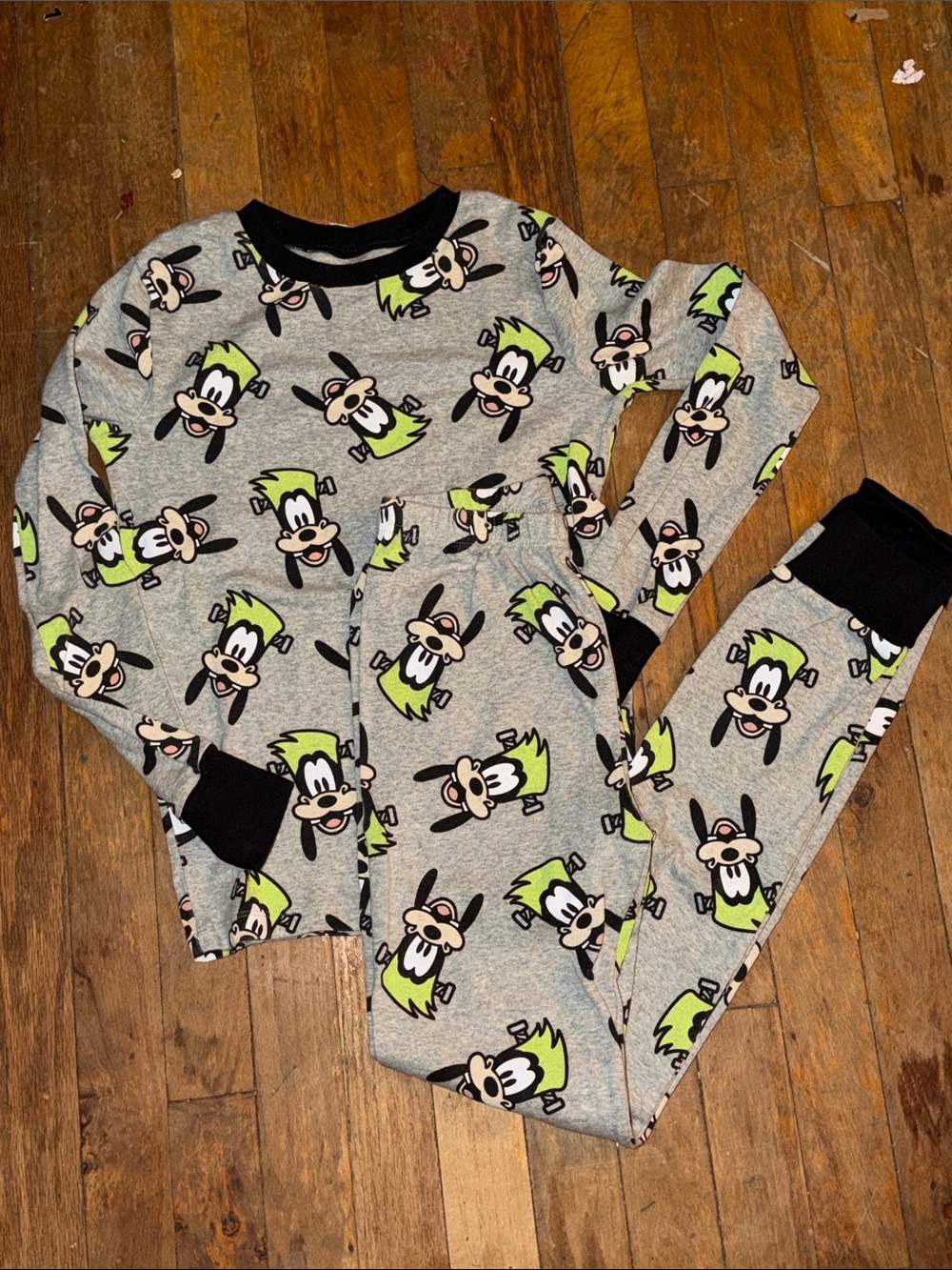 Kids Grey Character Print Pajama Set with Lime Accents